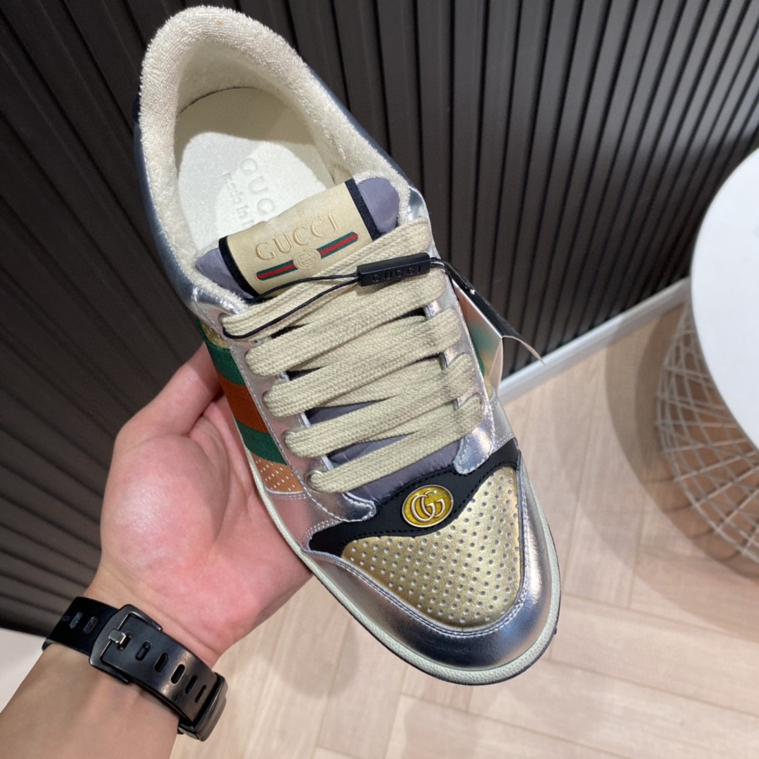 Gucci Women’s Screener Low Top Sneakers Silver Gold For Women 627833 1TR20 8162