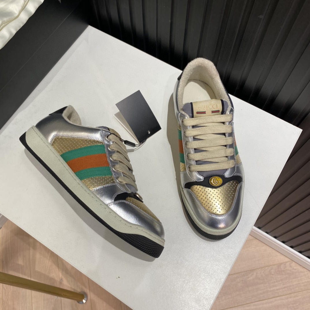 Gucci Women’s Screener Low Top Sneakers Silver Gold For Women 627833 1TR20 8162