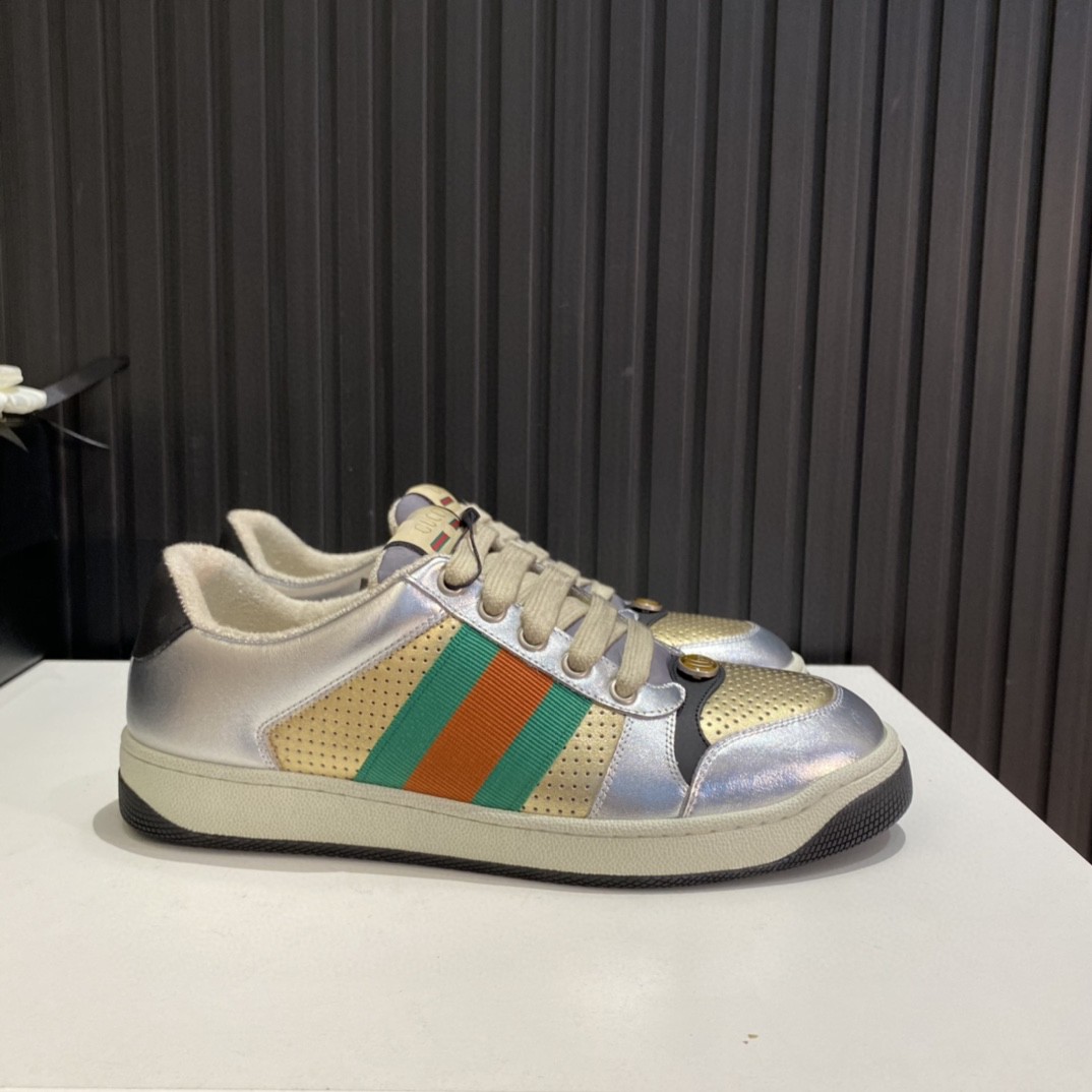 Gucci Women’s Screener Low Top Sneakers Silver Gold For Women 627833 1TR20 8162