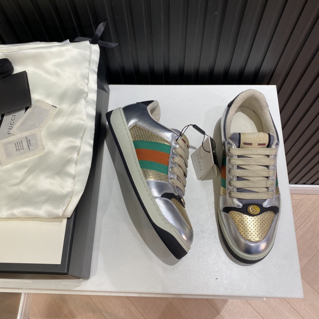 Gucci Women’s Screener Low Top Sneakers Silver Gold For Women 627833 1TR20 8162