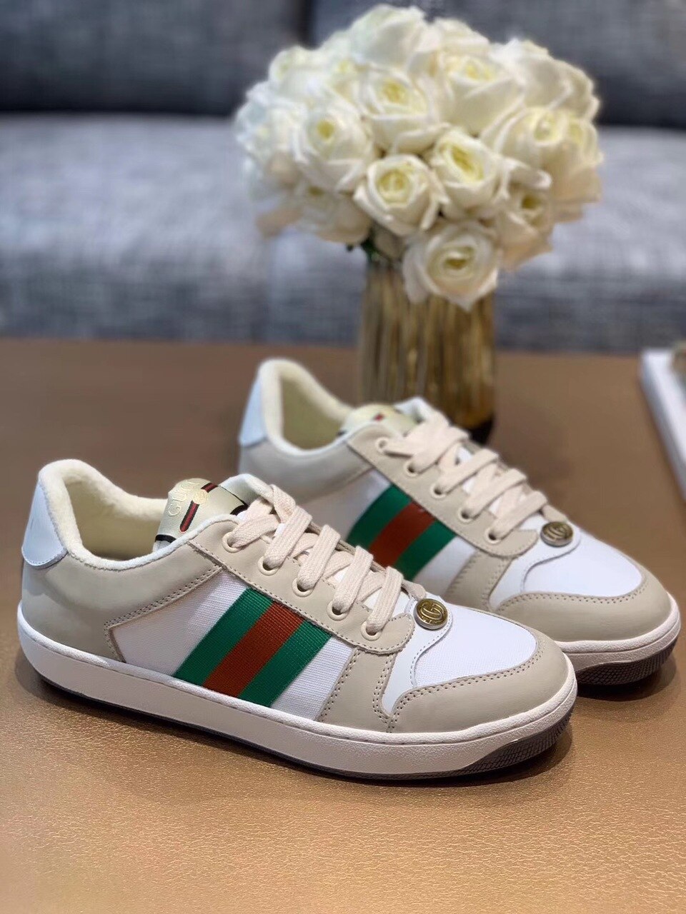 Gucci Women’s Screener Sneaker With Web Beige/White For Women GG