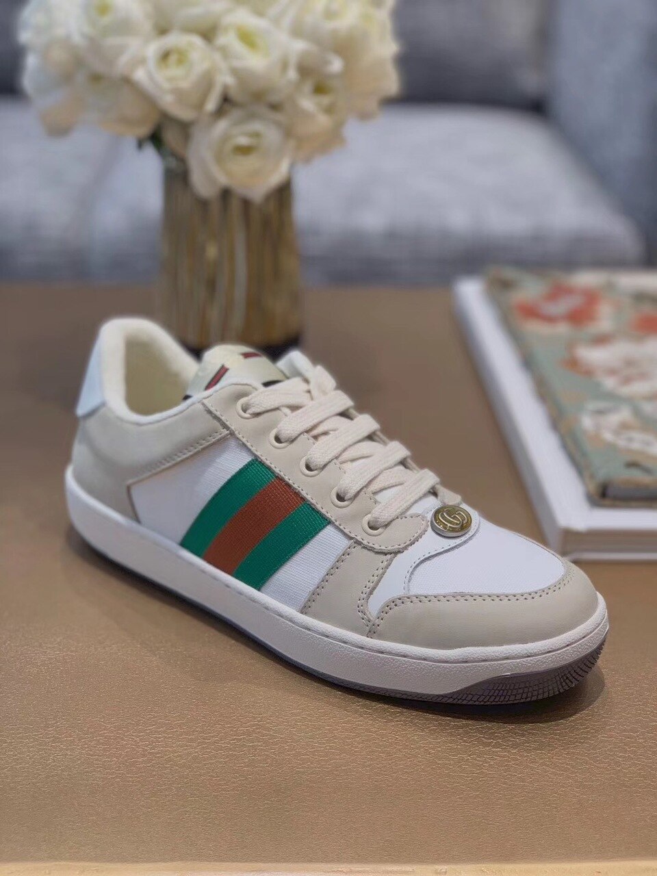 Gucci Women’s Screener Sneaker With Web Beige/White For Women GG