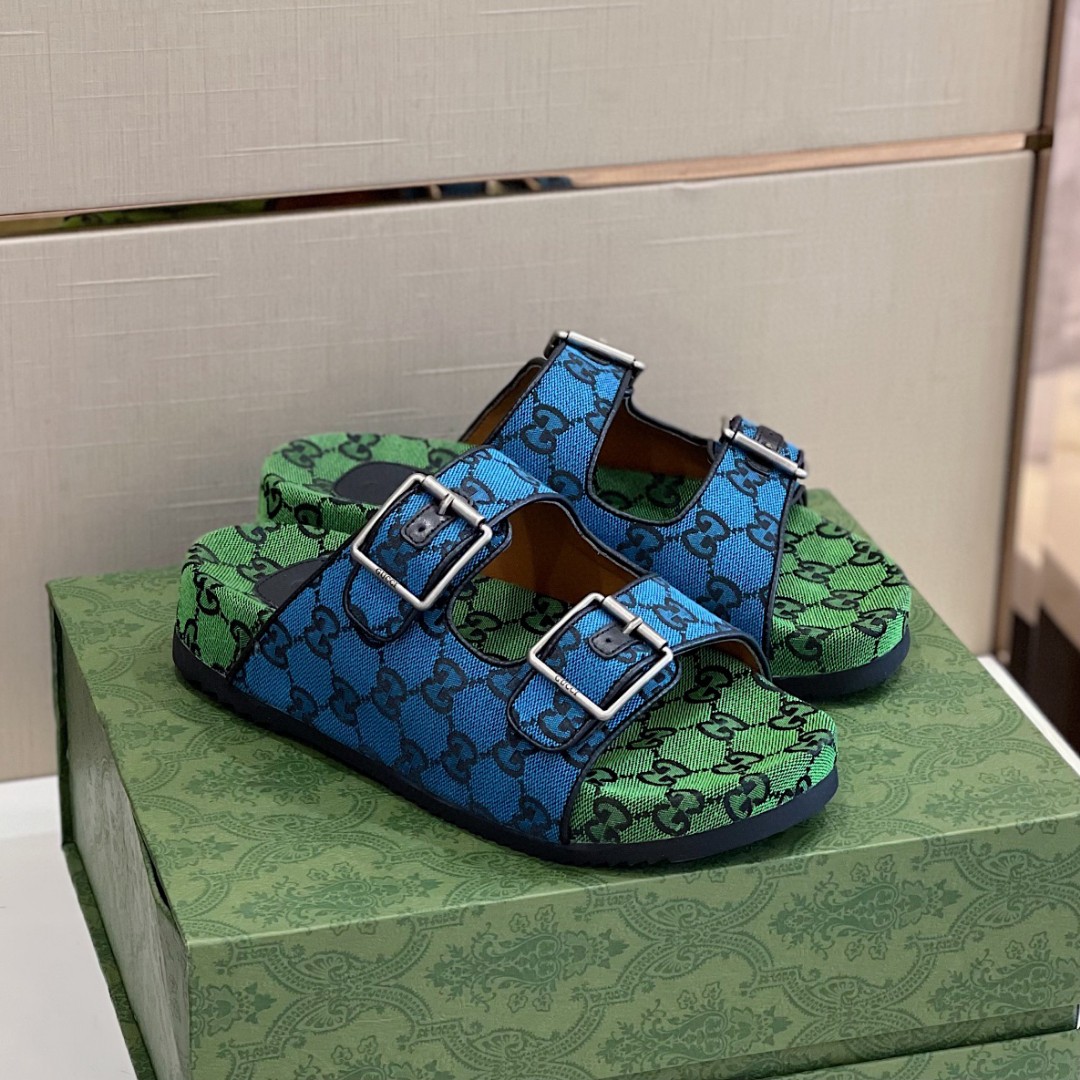 Gucci Women’s Slide Sandal With Straps Blue And Green For Women 658020 2HK60