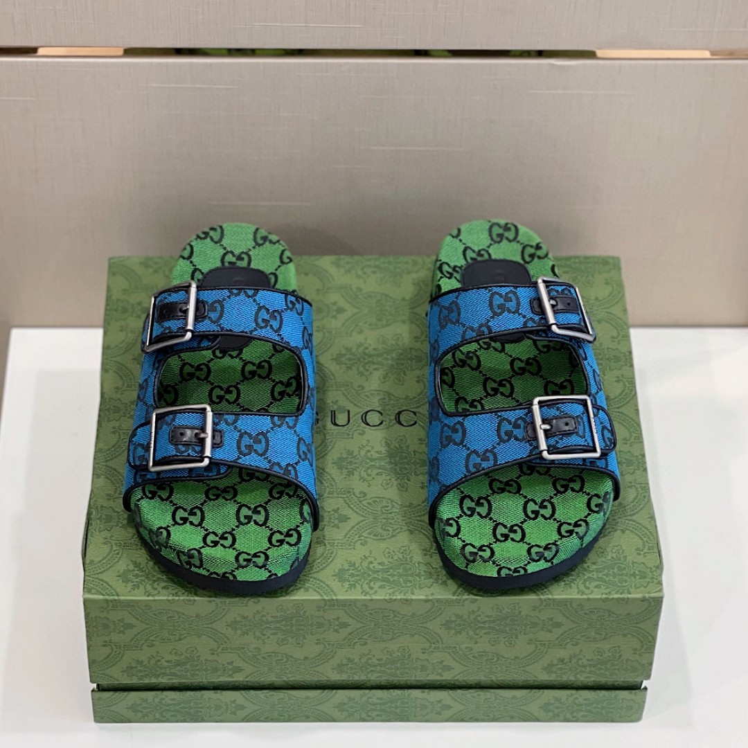 Gucci Women’s Slide Sandal With Straps Blue And Green For Women 658020 2HK60