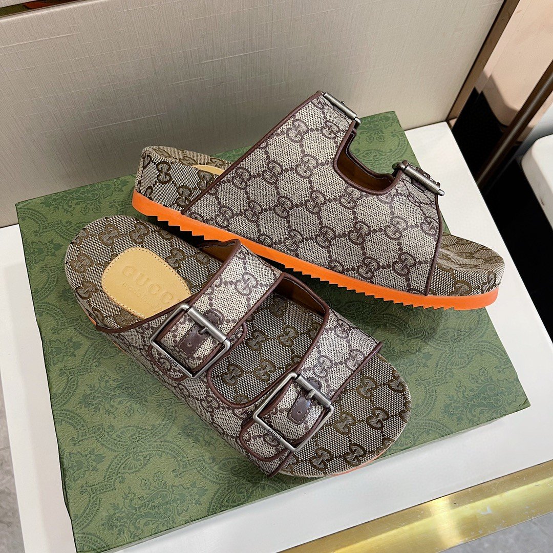 Gucci Women’s Slide Sandal With Straps Gray Orange For Women 658020 2HK60