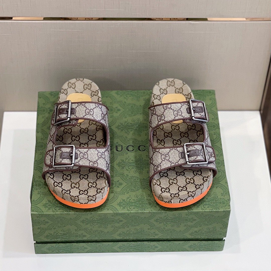 Gucci Women’s Slide Sandal With Straps Gray Orange For Women 658020 2HK60