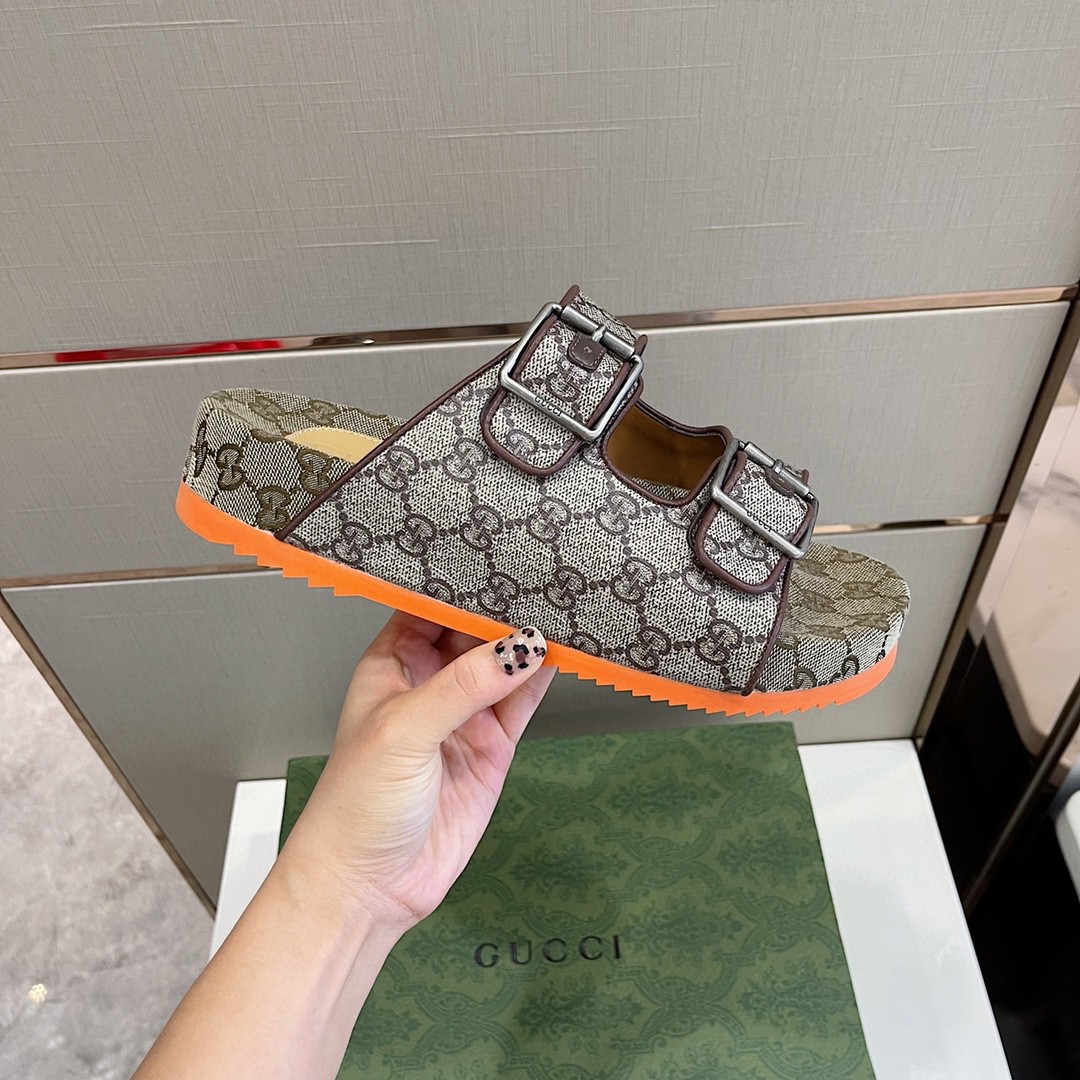 Gucci Women’s Slide Sandal With Straps Gray Orange For Women 658020 2HK60