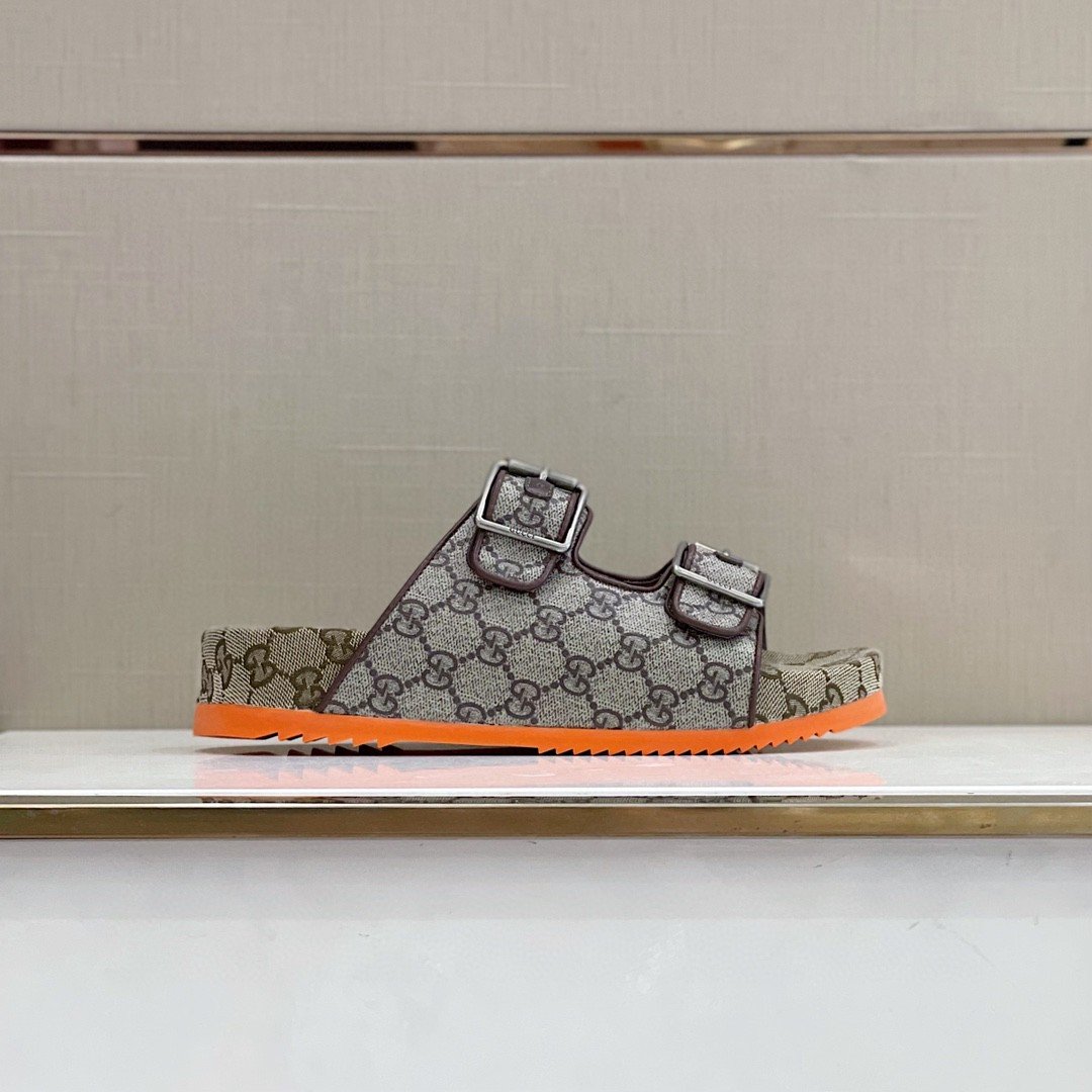 Gucci Women’s Slide Sandal With Straps Gray Orange For Women 658020 2HK60