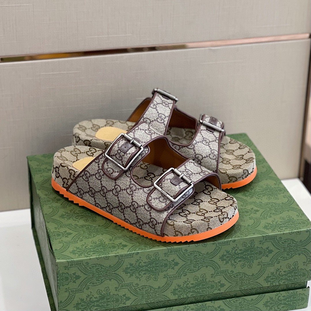 Gucci Women’s Slide Sandal With Straps Gray Orange For Women 658020 2HK60