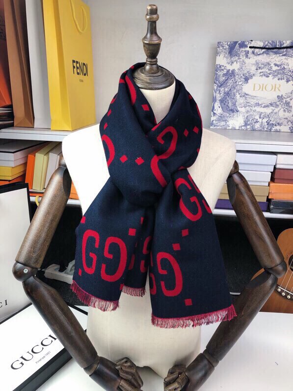 Gucci Wool Silk Jacquard Monogram Blue/ Red Scarf 180cm/71in 495592 4G350 4074