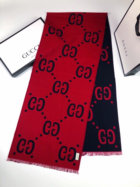 Gucci Wool Silk Jacquard Monogram Blue/ Red Scarf 180cm/71in 495592 4G350 4074