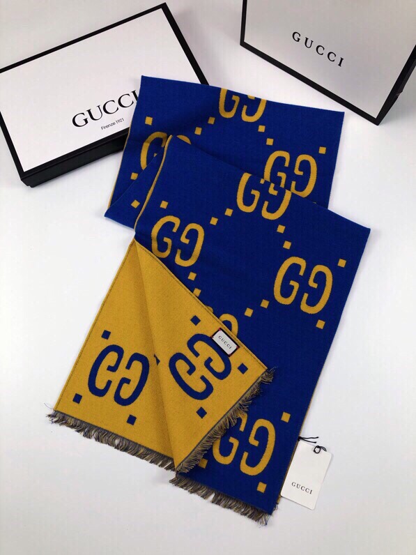 Gucci Wool Silk Jacquard Monogram Blue/Yellow Scarf 180cm/71in