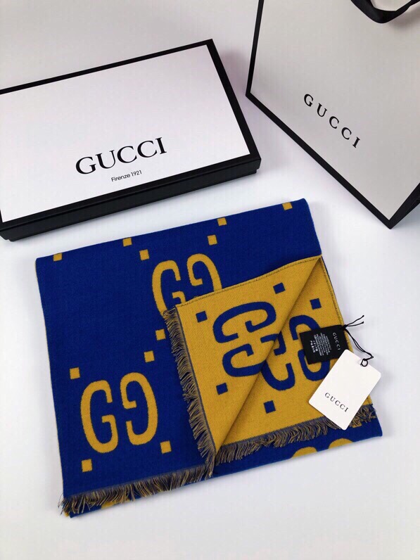 Gucci Wool Silk Jacquard Monogram Blue/Yellow Scarf 180cm/71in