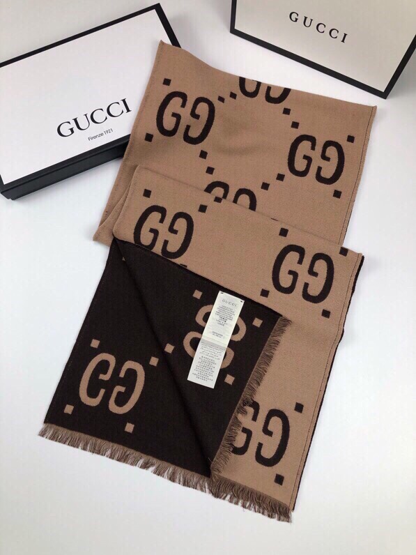 Gucci Wool Silk Jacquard Monogram Brown/Beige Scarf 180cm/71in 495592 4G350 2179