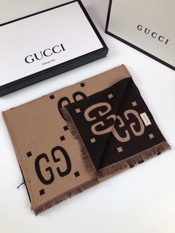 Gucci Wool Silk Jacquard Monogram Brown/Beige Scarf 180cm/71in 495592 4G350 2179