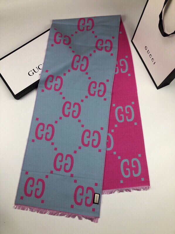 Gucci Wool Silk Jacquard Monogram Light Pink/ Light Blue Scarf 180cm/71in