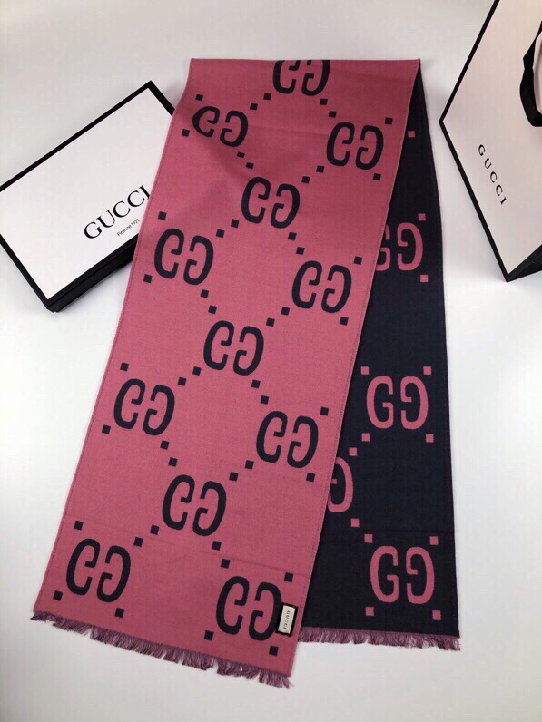 Gucci Wool Silk Jacquard Monogram Pink/ Dark Blue Scarf 180cm/71in