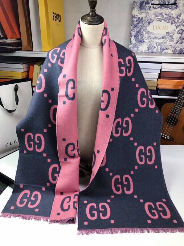 Gucci Wool Silk Jacquard Monogram Pink/ Dark Blue Scarf 180cm/71in