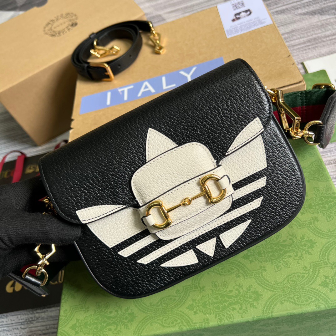 Gucci x Adidas Horsebit 1955 Mini Bag Black For Women, Women’s Bags 8.1in/21cm