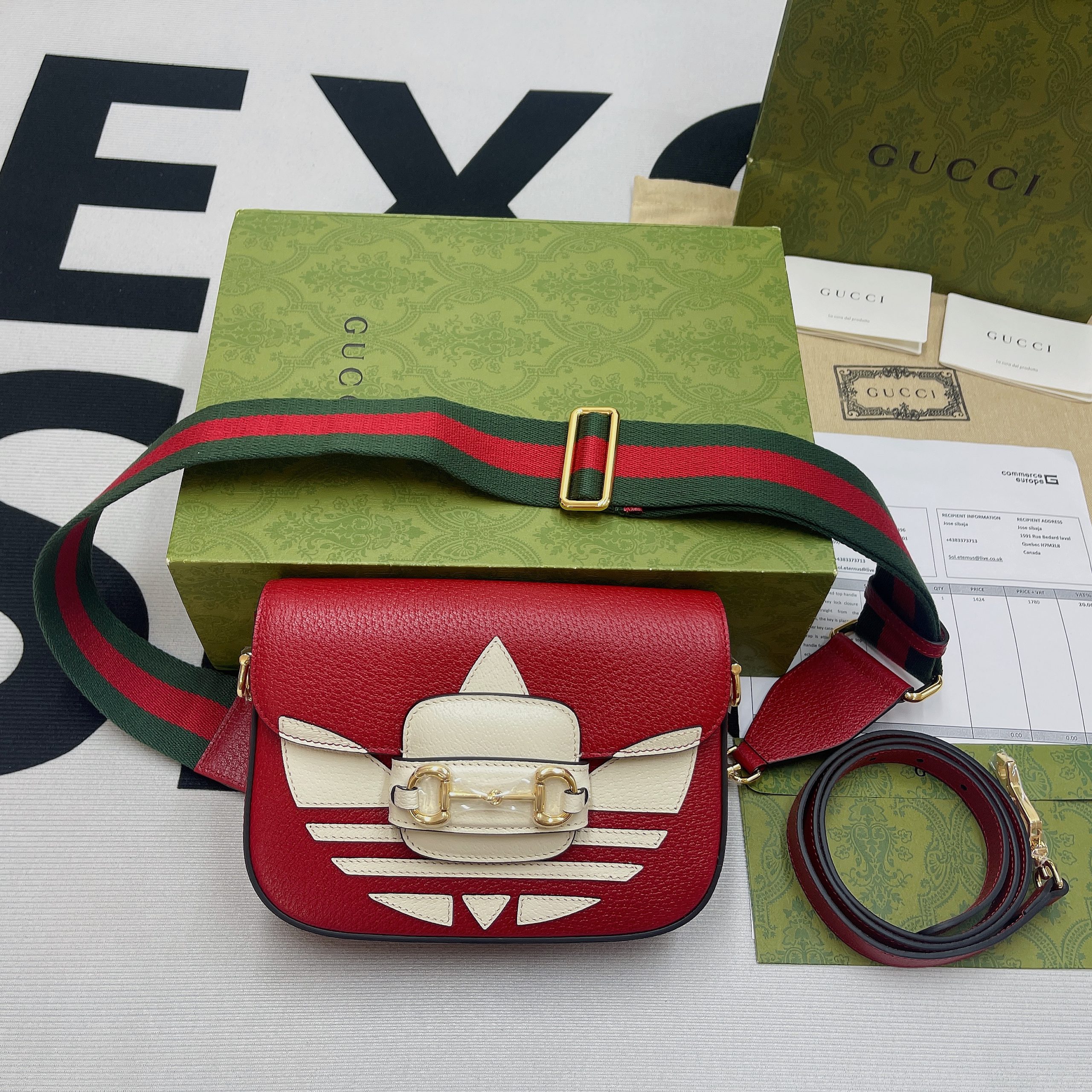 Gucci x Adidas Horsebit 1955 Mini Bag Red For Women, Women’s Bags 8.1in/21cm GG 658574ZDG 6563