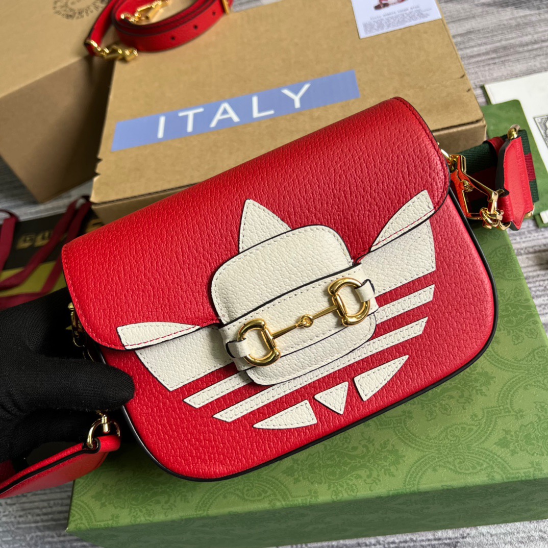 Gucci x Adidas Horsebit 1955 Mini Bag Red For Women, Women’s Bags 8.1in/21cm GG 658574ZDG 6563