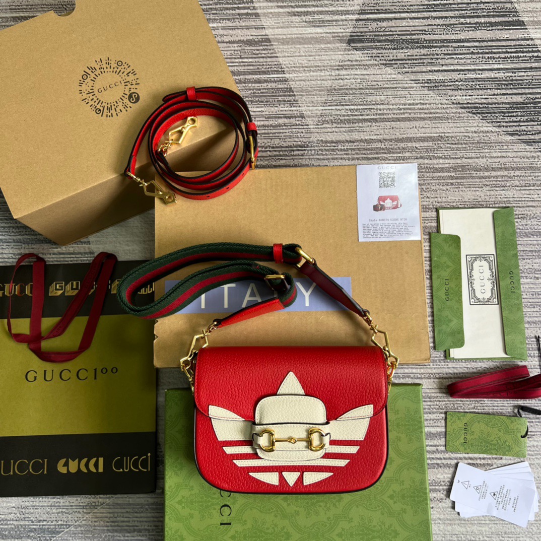 Gucci x Adidas Horsebit 1955 Mini Bag Red For Women, Women’s Bags 8.1in/21cm GG 658574ZDG 6563