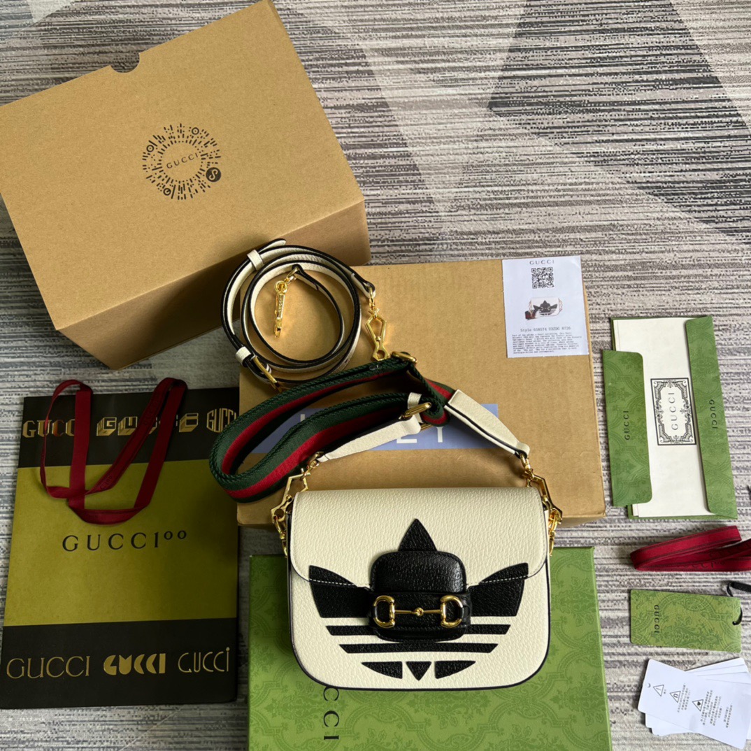 Gucci x Adidas Horsebit 1955 Mini Bag White For Women, Women’s Bags 8.1in/21cm GG 658574ZDG 8727
