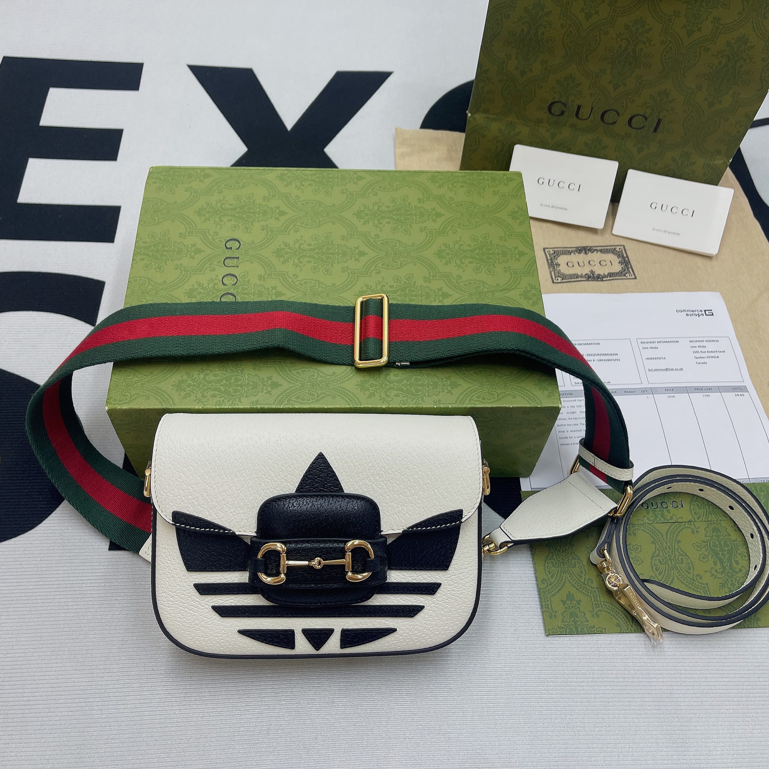 Gucci x Adidas Horsebit 1955 Mini Bag White For Women, Women’s Bags 8.1in/21cm GG 658574ZDG 8727