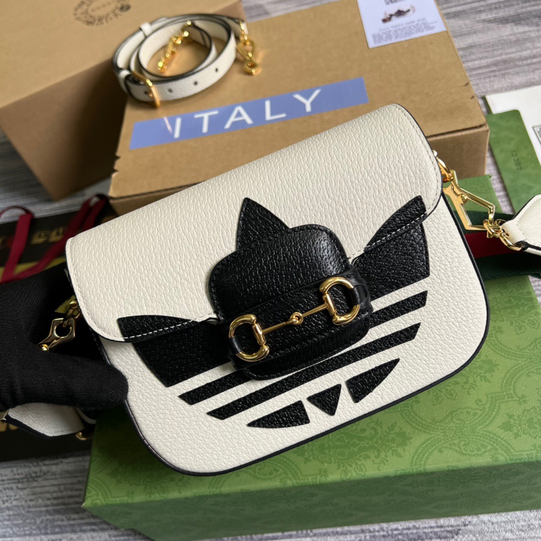 Gucci x Adidas Horsebit 1955 Mini Bag White For Women, Women’s Bags 8.1in/21cm GG 658574ZDG 8727