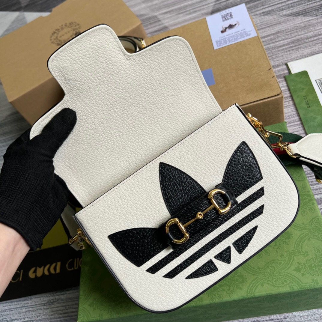 Gucci x Adidas Horsebit 1955 Mini Bag White For Women, Women’s Bags 8.1in/21cm GG 658574ZDG 8727