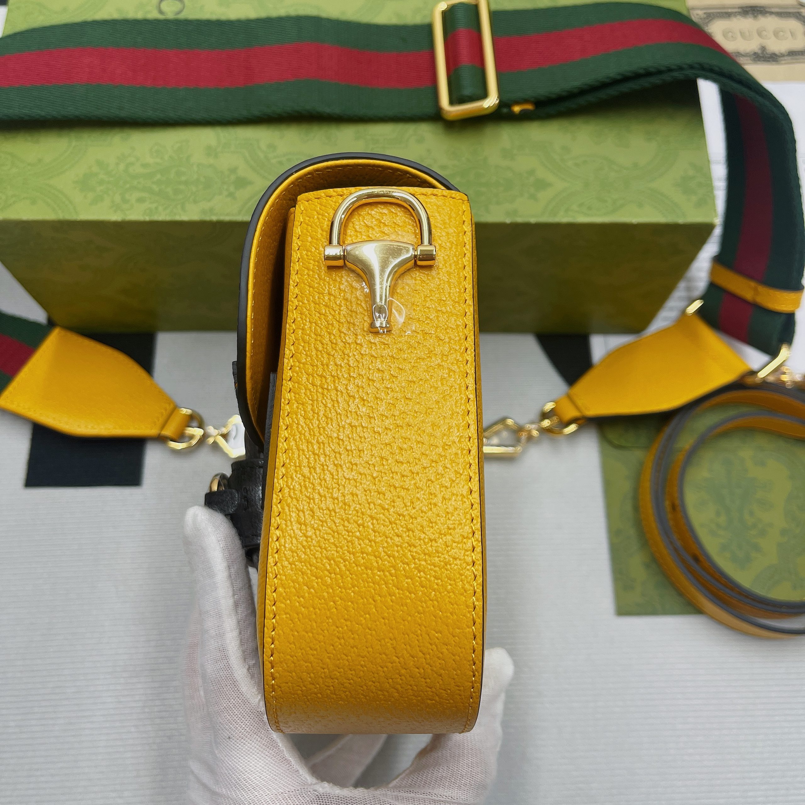 Gucci x Adidas Horsebit 1955 Mini Bag Yellow For Women, Women’s Bags 8.1in/21cm GG 658574ZDG 7775