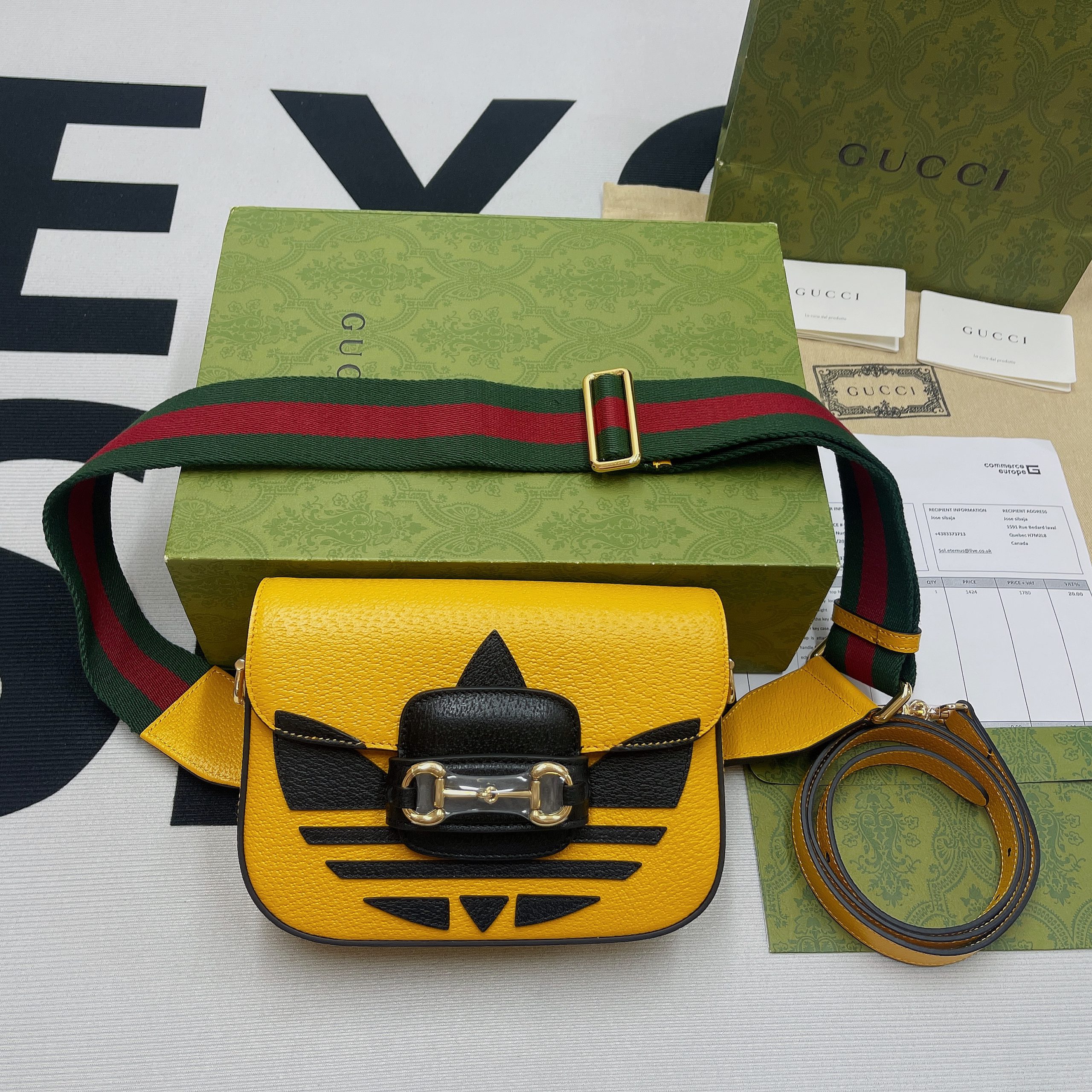 Gucci x Adidas Horsebit 1955 Mini Bag Yellow For Women, Women’s Bags 8.1in/21cm GG 658574ZDG 7775