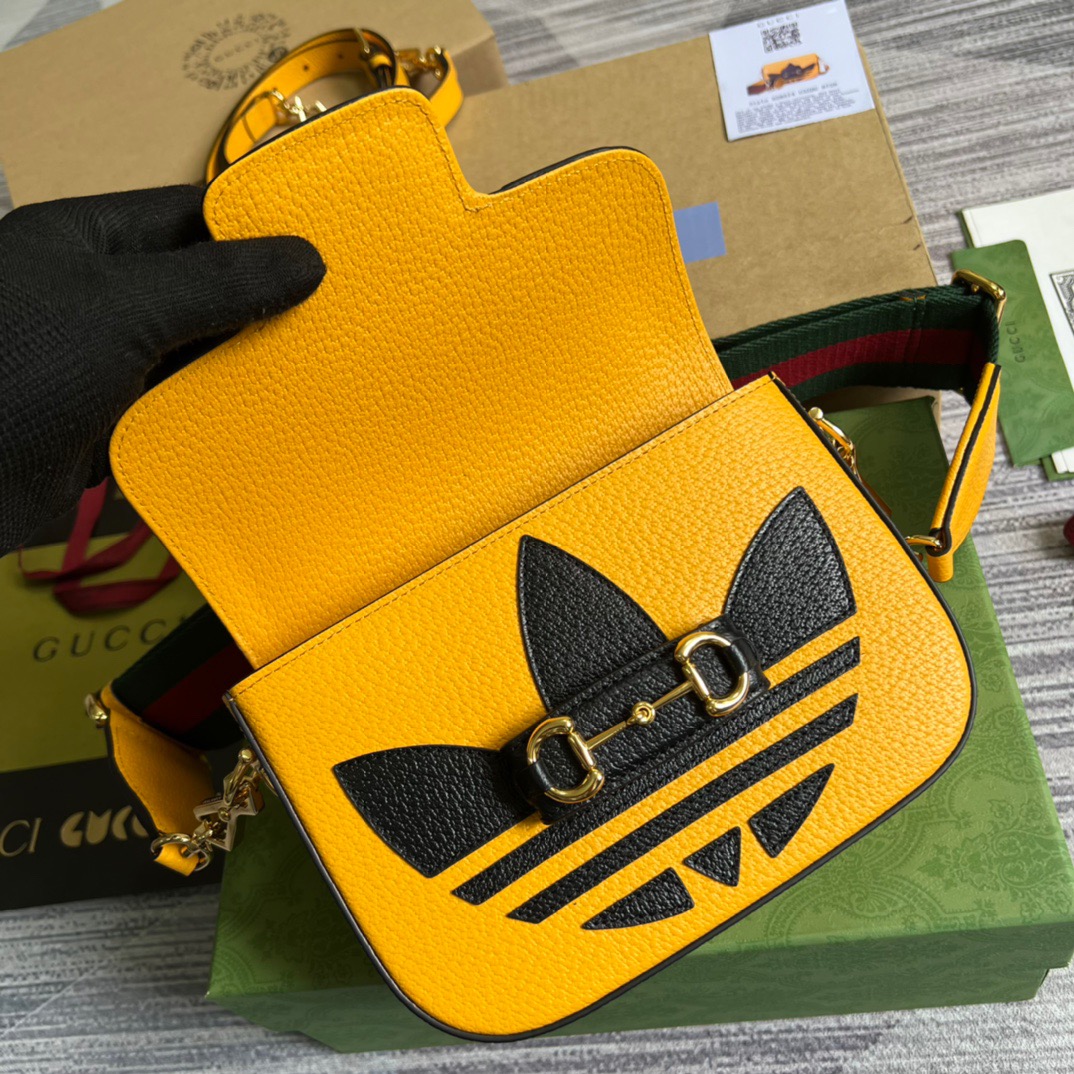 Gucci x Adidas Horsebit 1955 Mini Bag Yellow For Women, Women’s Bags 8.1in/21cm GG 658574ZDG 7775
