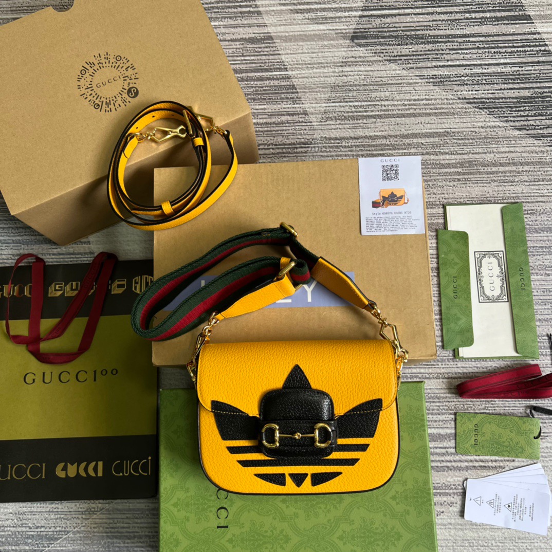 Gucci x Adidas Horsebit 1955 Mini Bag Yellow For Women, Women’s Bags 8.1in/21cm GG 658574ZDG 7775