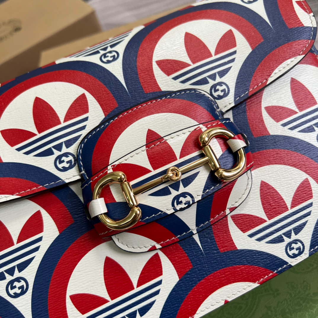 Gucci x Adidas Horsebit 1955 Shoulder Bag Blue/Red For Women, Women’s Bags 9.8in/25cm GG 602204 UVG0G 4168