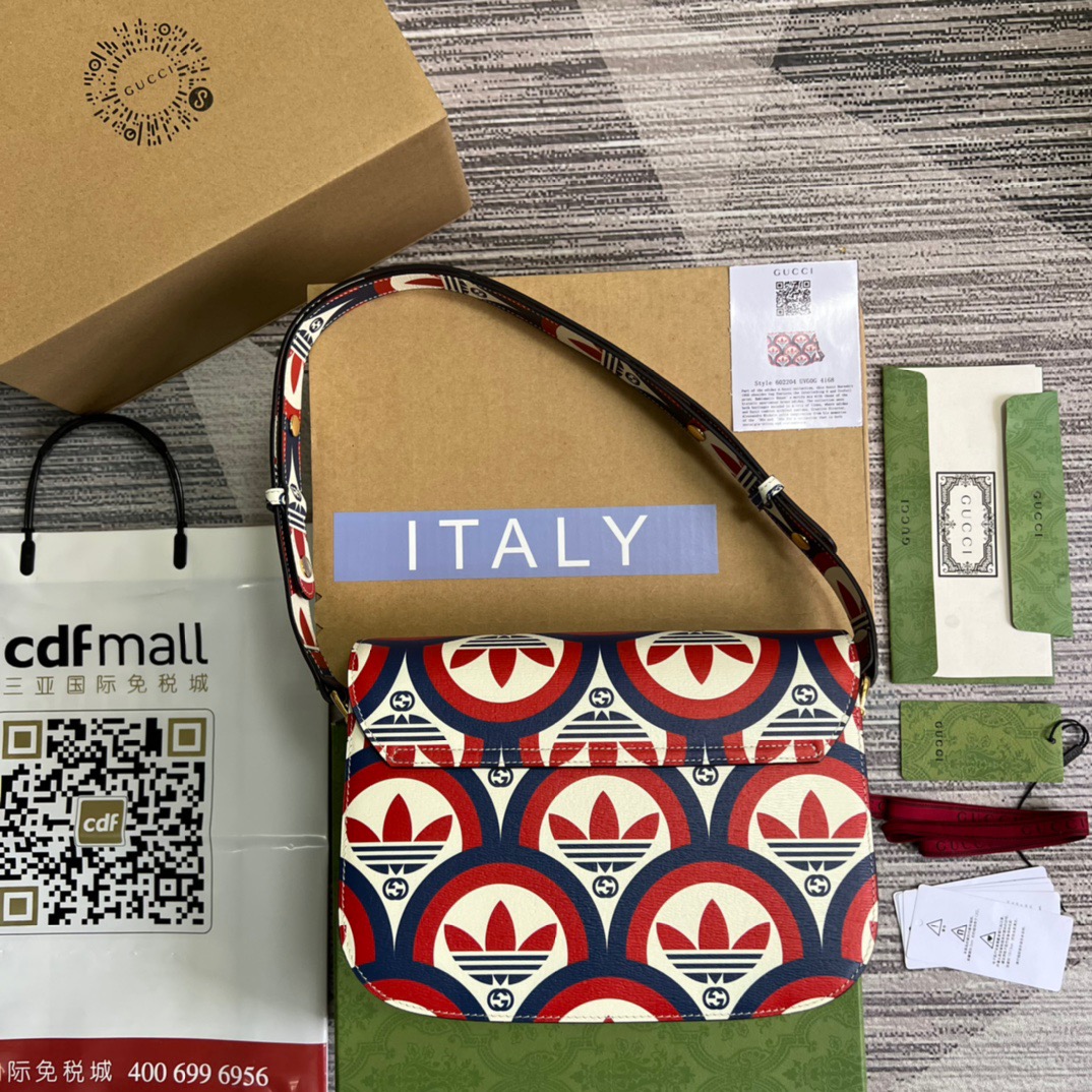 Gucci x Adidas Horsebit 1955 Shoulder Bag Blue/Red For Women, Women’s Bags 9.8in/25cm GG 602204 UVG0G 4168