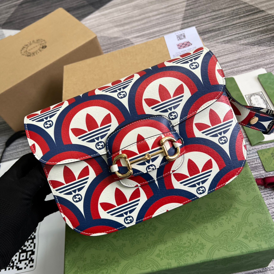 Gucci x Adidas Horsebit 1955 Shoulder Bag Blue/Red For Women, Women’s Bags 9.8in/25cm GG 602204 UVG0G 4168