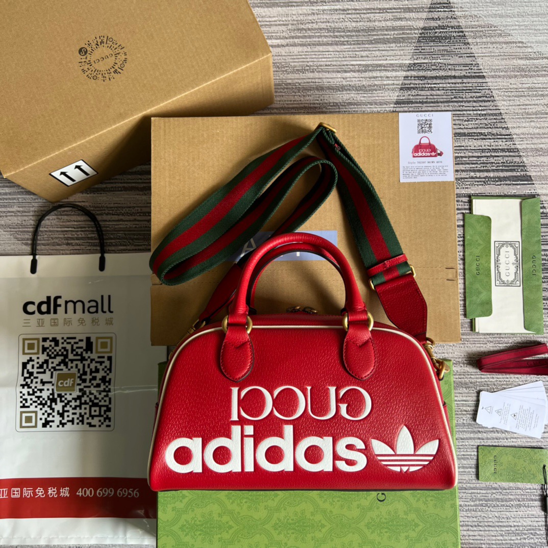 Gucci x Adidas Mini Duffle Bag Red For Women, Women’s Bags 12.4in/32cm GG 702397ZCT 6563