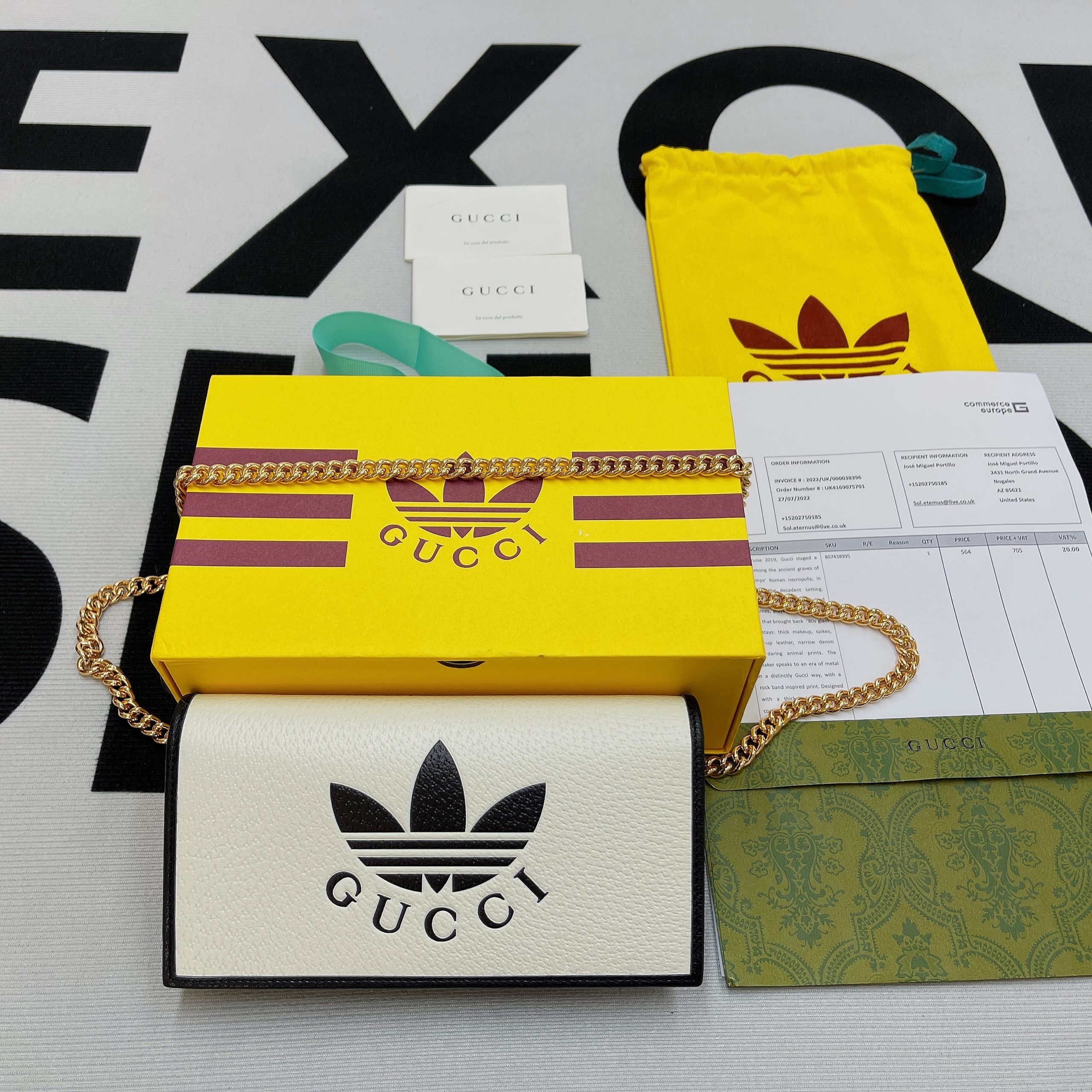 Gucci x Adidas Wallet With Chain White For Women, Women’s Bags 7.5in/19cm GG 621892 UZ3BG 8847