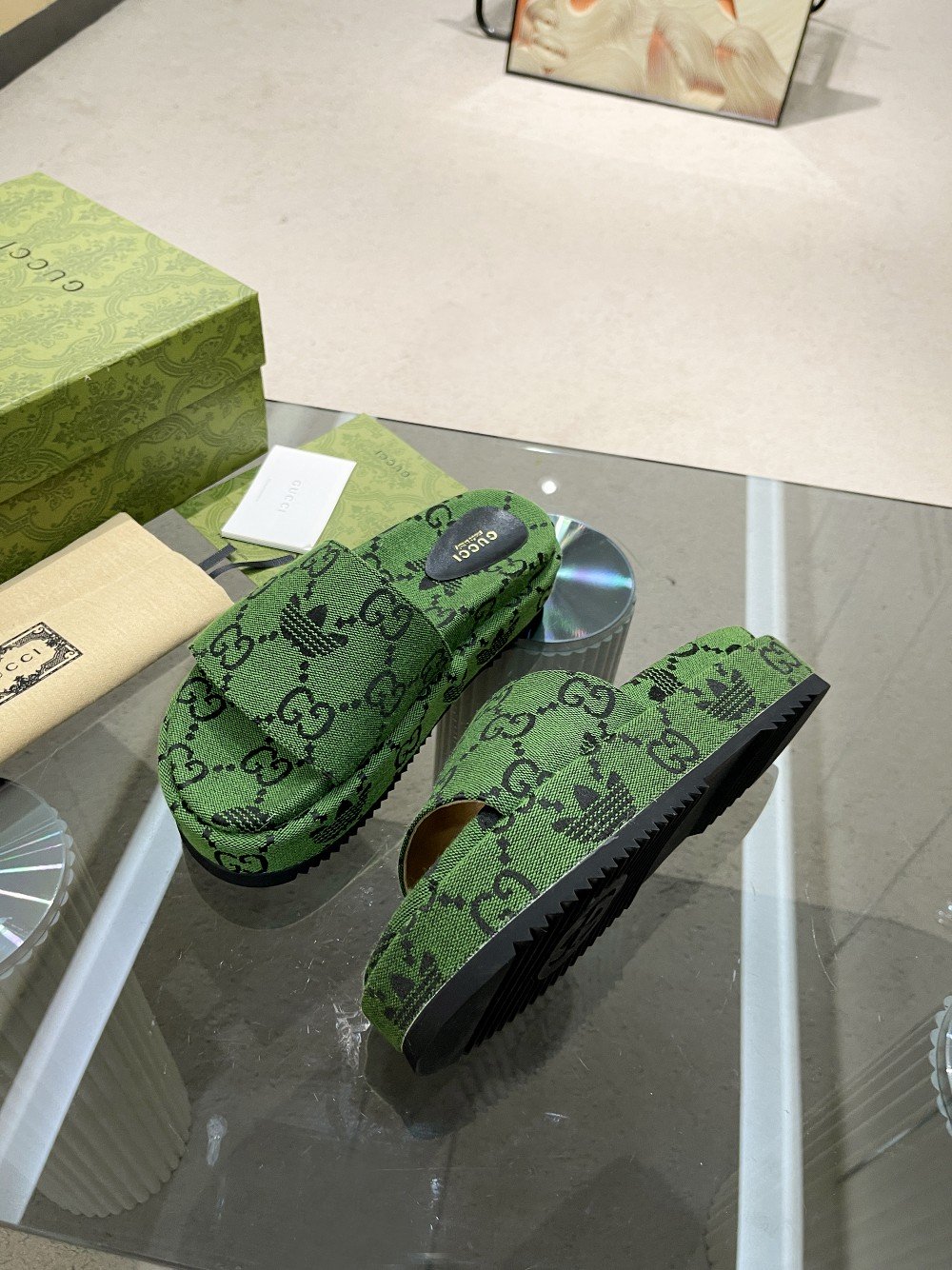 Gucci x Adidas Women’s GG Platform Sandal Dark Green For Women GG