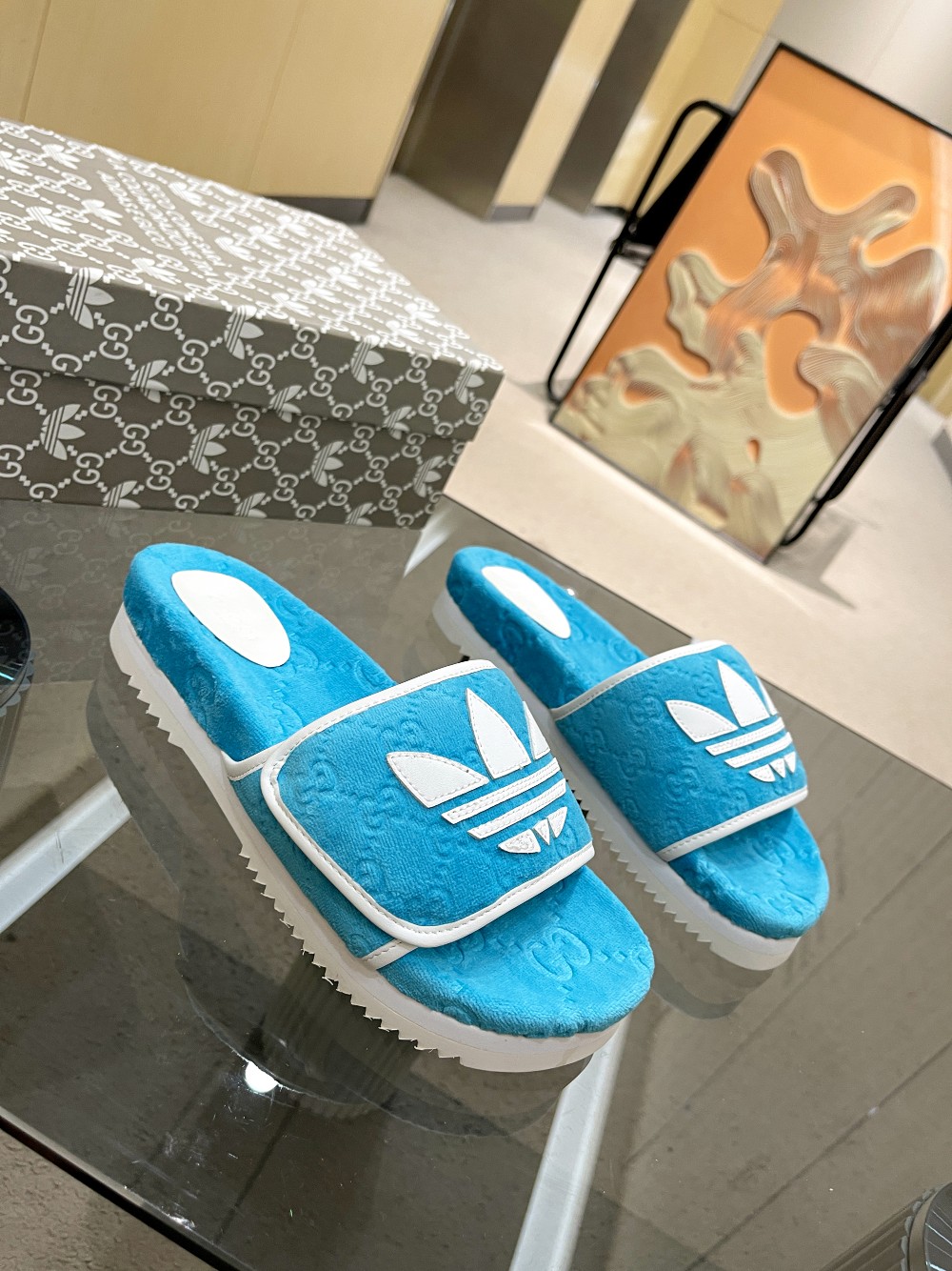 Gucci x Adidas Women’s GG Platform Sandal Light Blue For Women GG
