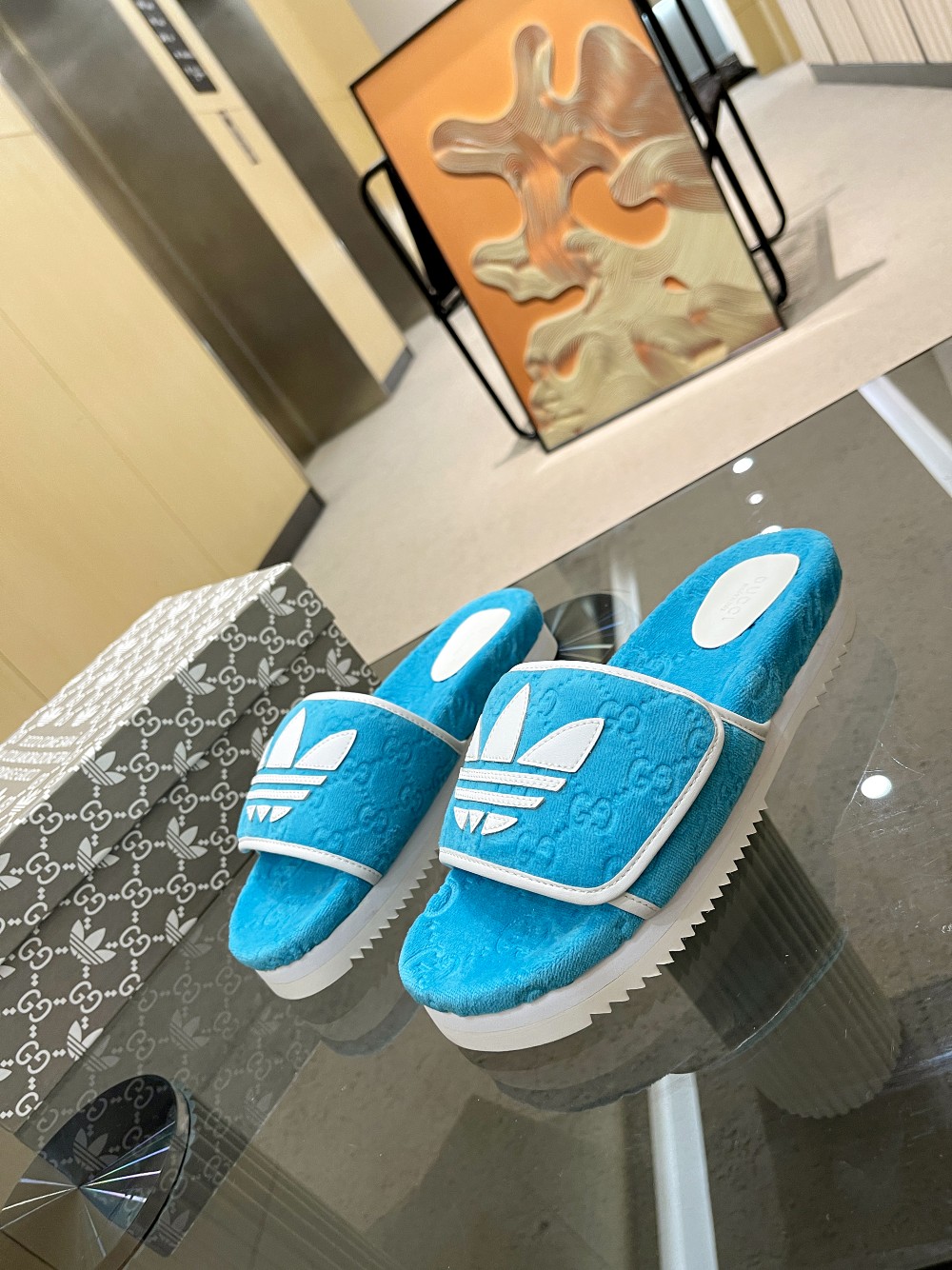 Gucci x Adidas Women’s GG Platform Sandal Light Blue For Women GG