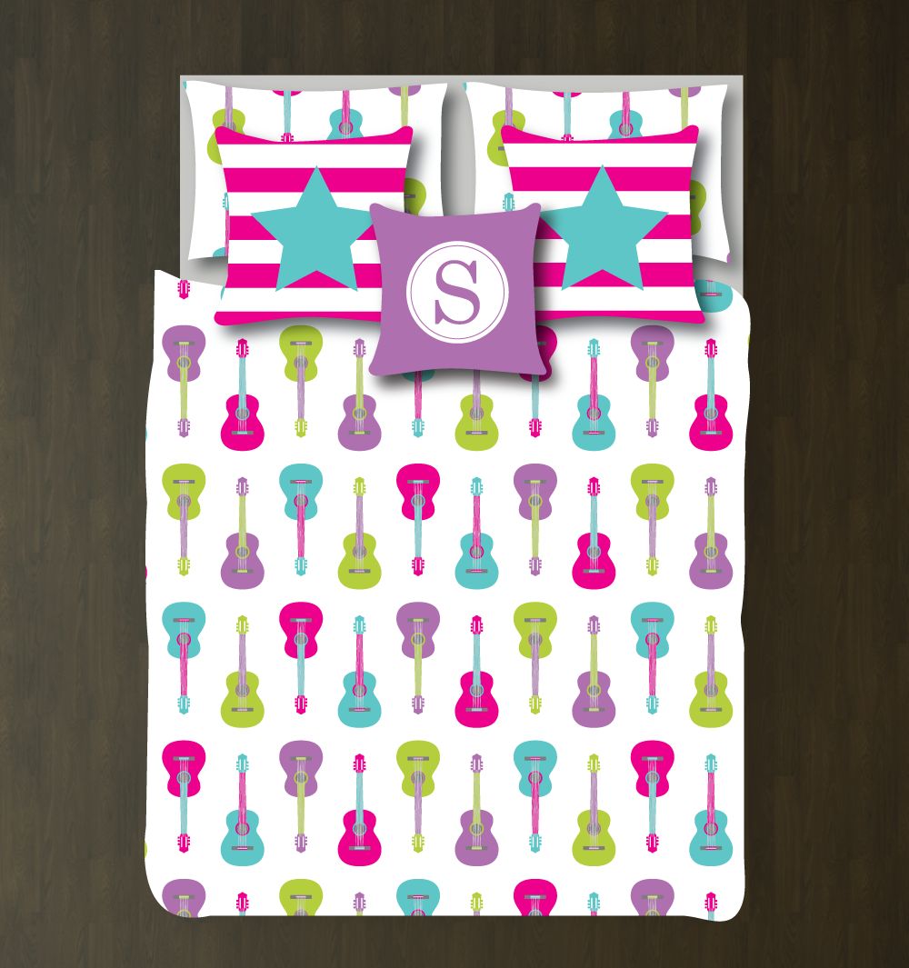 Guitar Customized Hot Pink, Pool, Bright Chartreuse, Radiant Orchid And White Duvet Cover Bedding Set