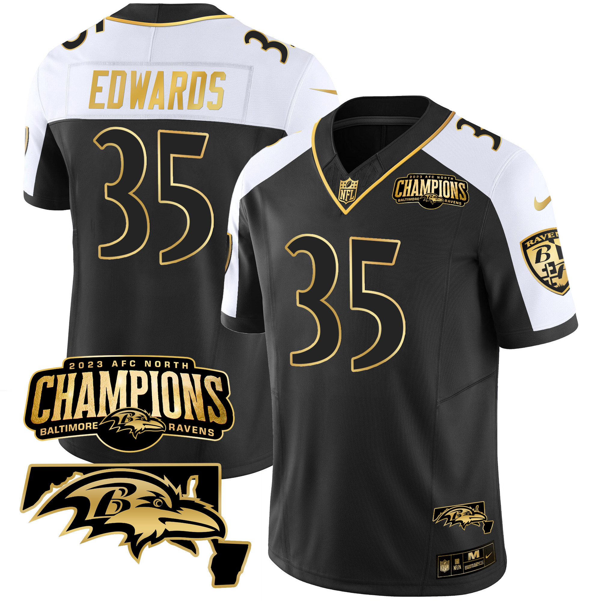 Gus Edwards Men's Baltimore Ravens 2023 Afc North Champions Maryland Patch Gold Vapor Alternate Jersey All Stitched