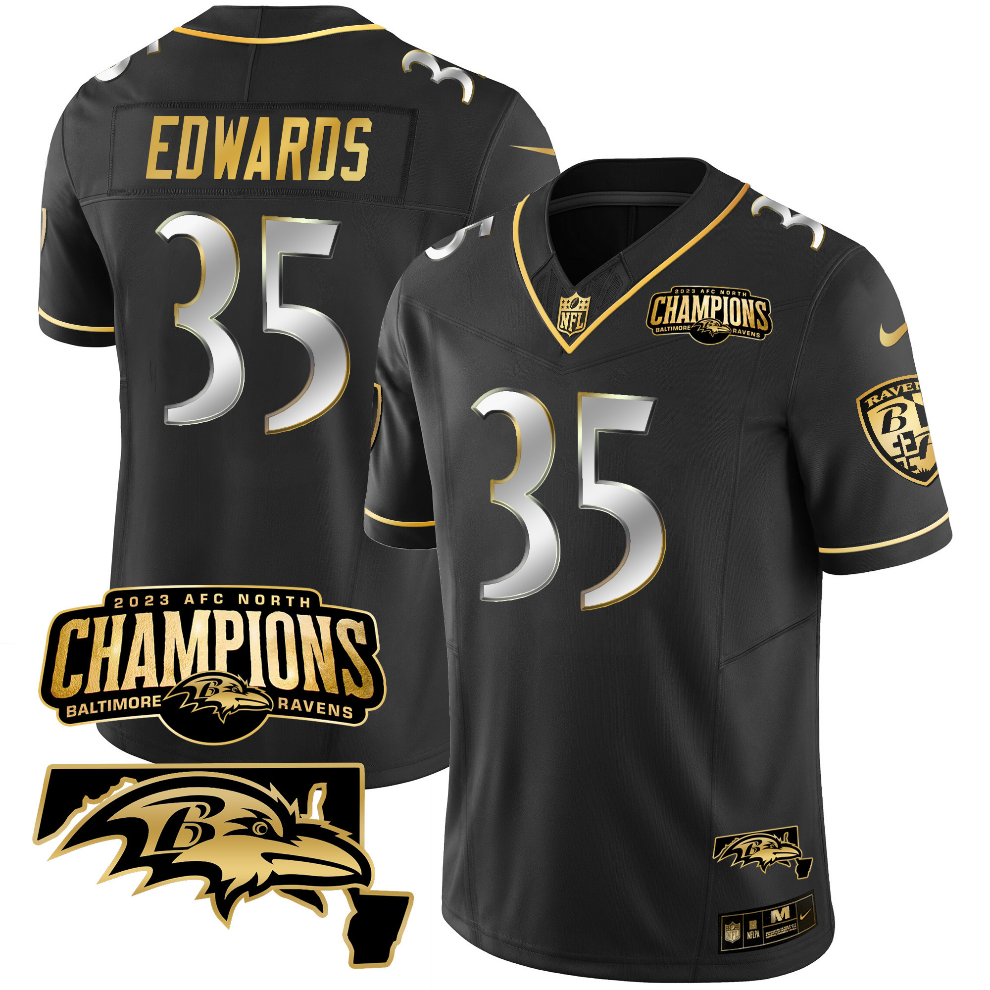 Gus Edwards Men's Baltimore Ravens 2023 Afc North Champions Maryland Patch Gold Vapor Black Limited Jersey All Stitched