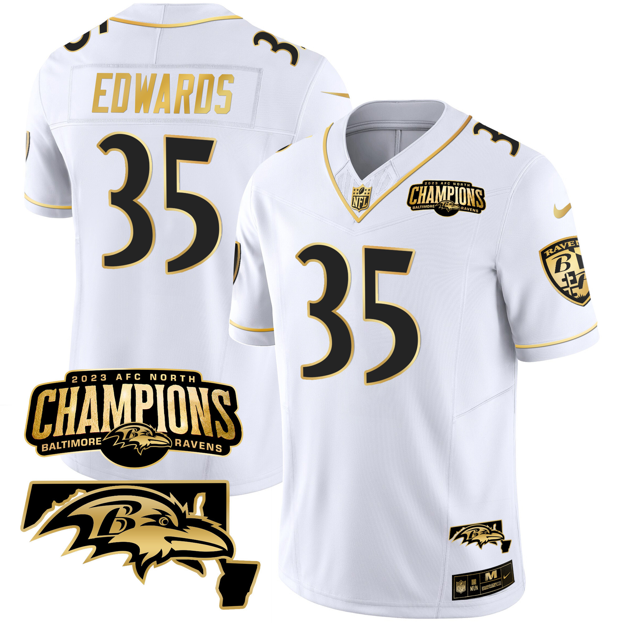 Gus Edwards Men's Baltimore Ravens 2023 Afc North Champions Maryland Patch Gold Vapor White Gold Jersey All Stitched