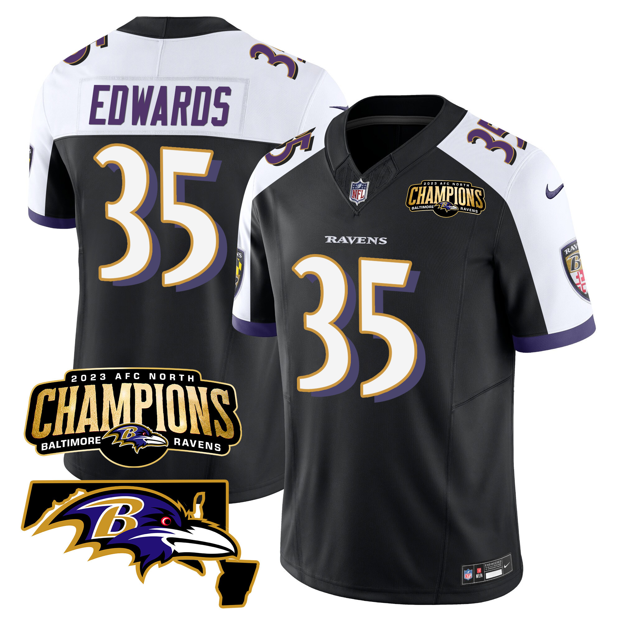 Gus Edwards Men's Baltimore Ravens 2023 Afc North Champions Maryland Patch Vapor Black Alternate Jersey All Stitched