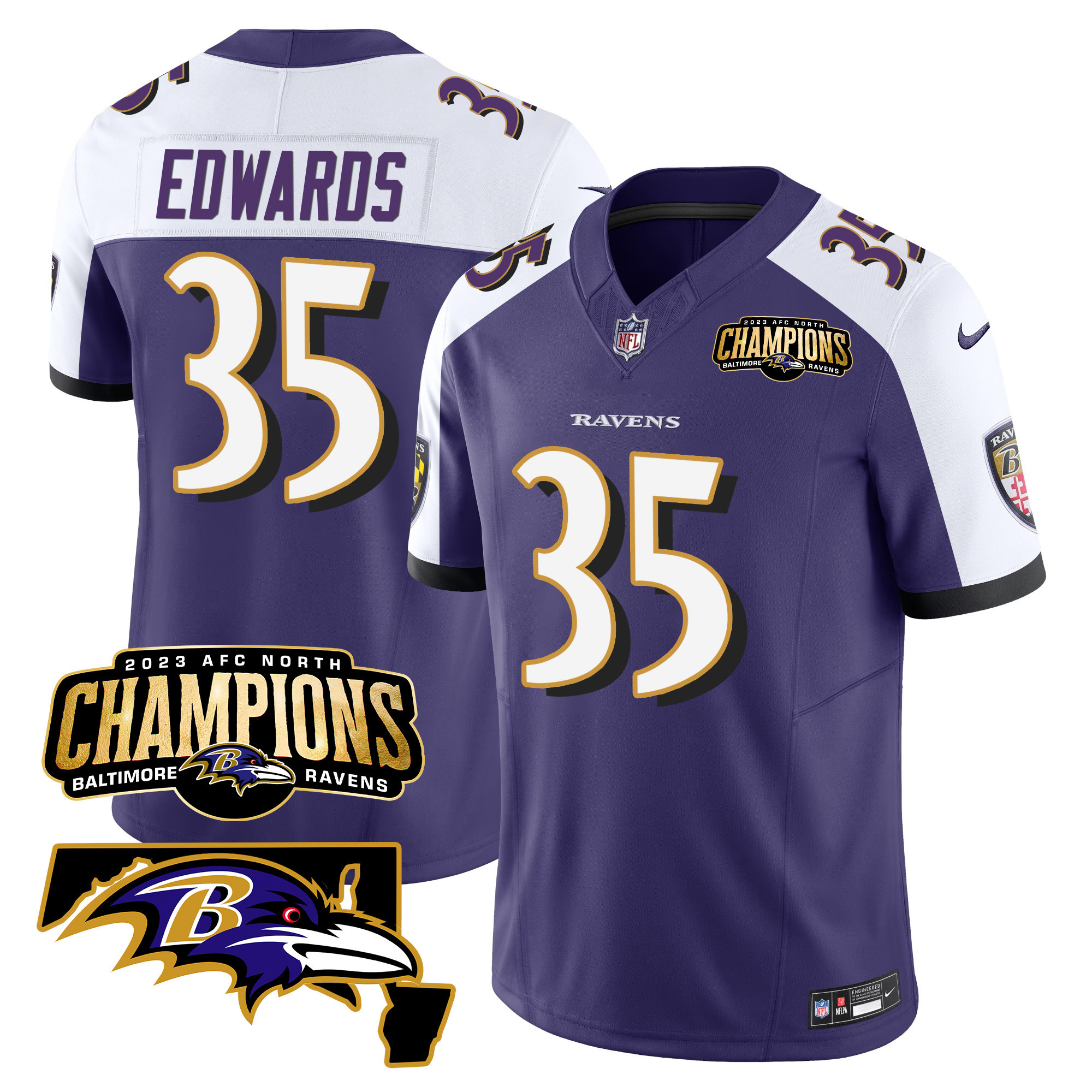 Gus Edwards Men's Baltimore Ravens 2023 Afc North Champions Maryland Patch Vapor Purple Alternate Jersey All Stitched