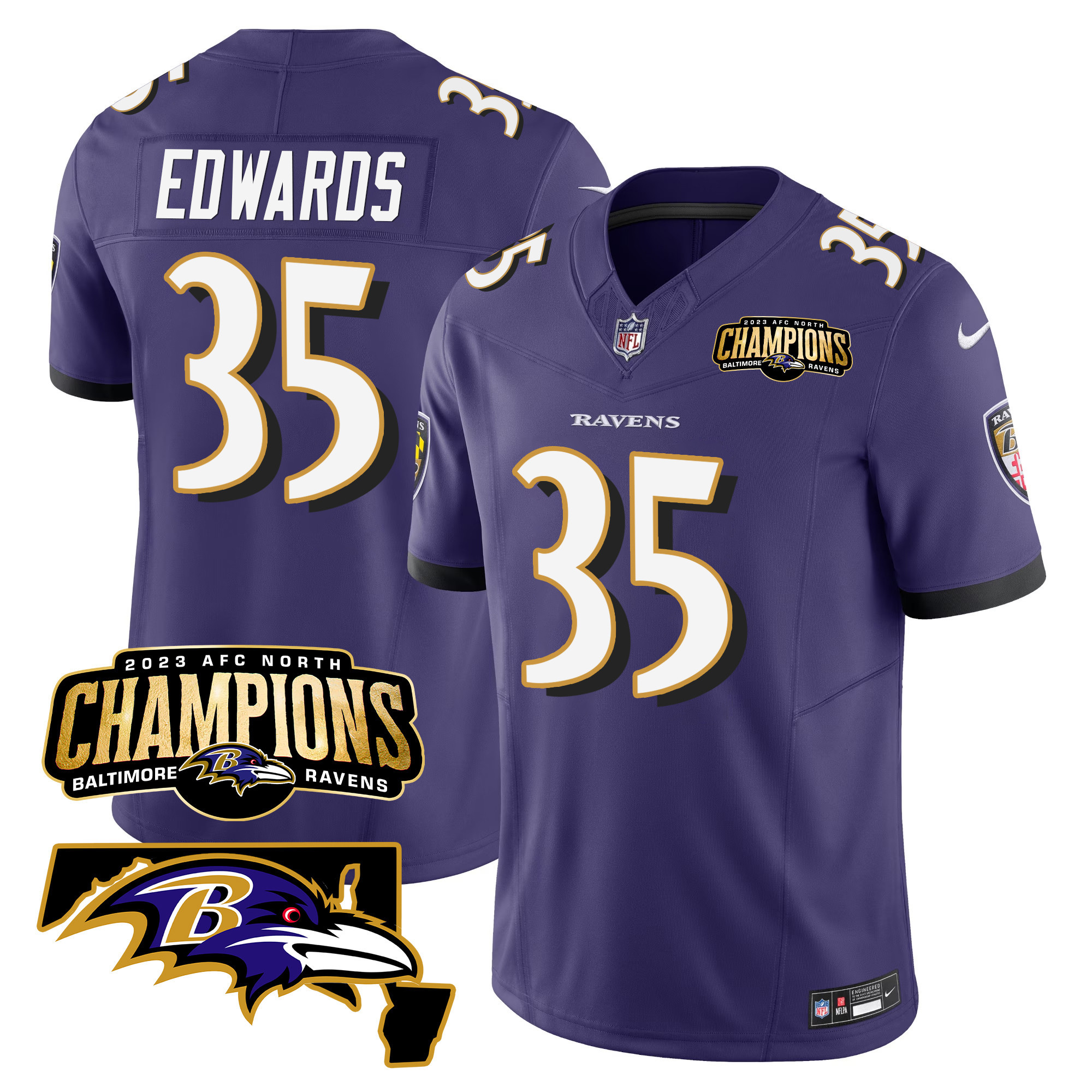 Gus Edwards Men's Baltimore Ravens 2023 Afc North Champions Maryland Patch Vapor Purple Jersey All Stitched