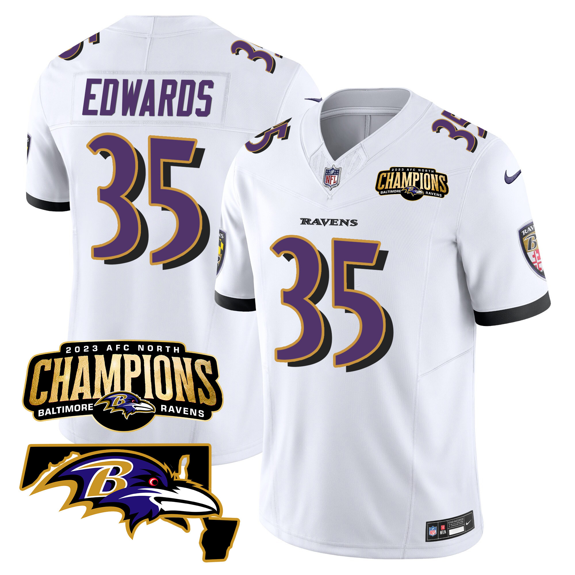 Gus Edwards Men's Baltimore Ravens 2023 Afc North Champions Maryland Patch Vapor White Jersey All Stitched